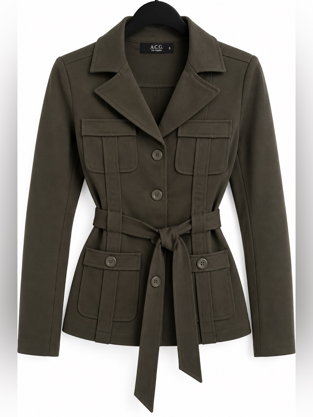 A.C.G. Los Angeles Belted Utility Blazer Jacket S Dark Olive Stretch